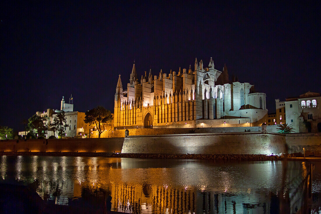  The Cathedral of Palma de Mallorca at night, Palma de Mallorca, Mallorca, Balearic Islands, Mediterranean, Spain 