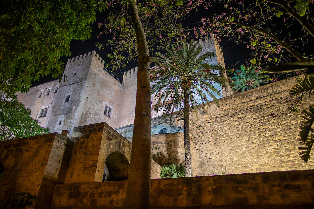  La Almudaina Royal Palace and Catedral de Santa María de Mallorca at night, Palma de Mallorca, Mallorca, Balearic Islands, Mediterranean, Spain 
