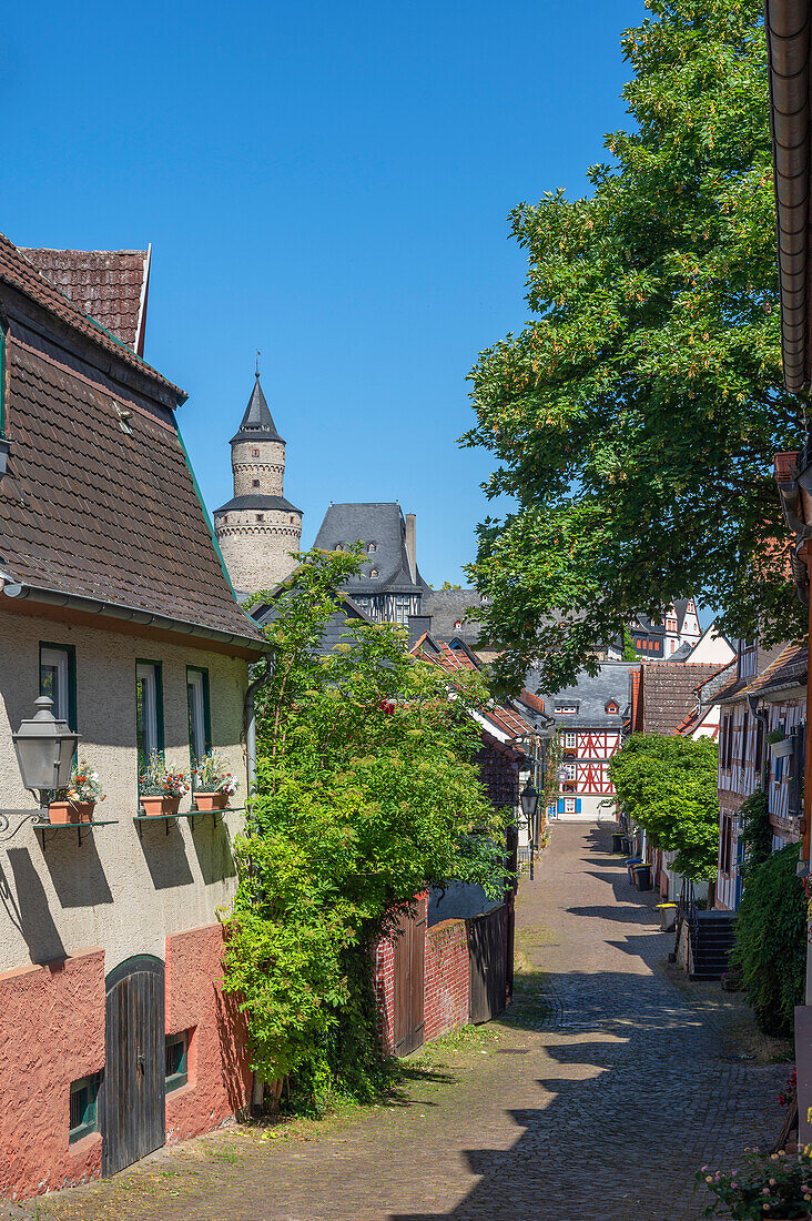 Alley with witch tower, Idstein, Taunus, Hesse, Germany 