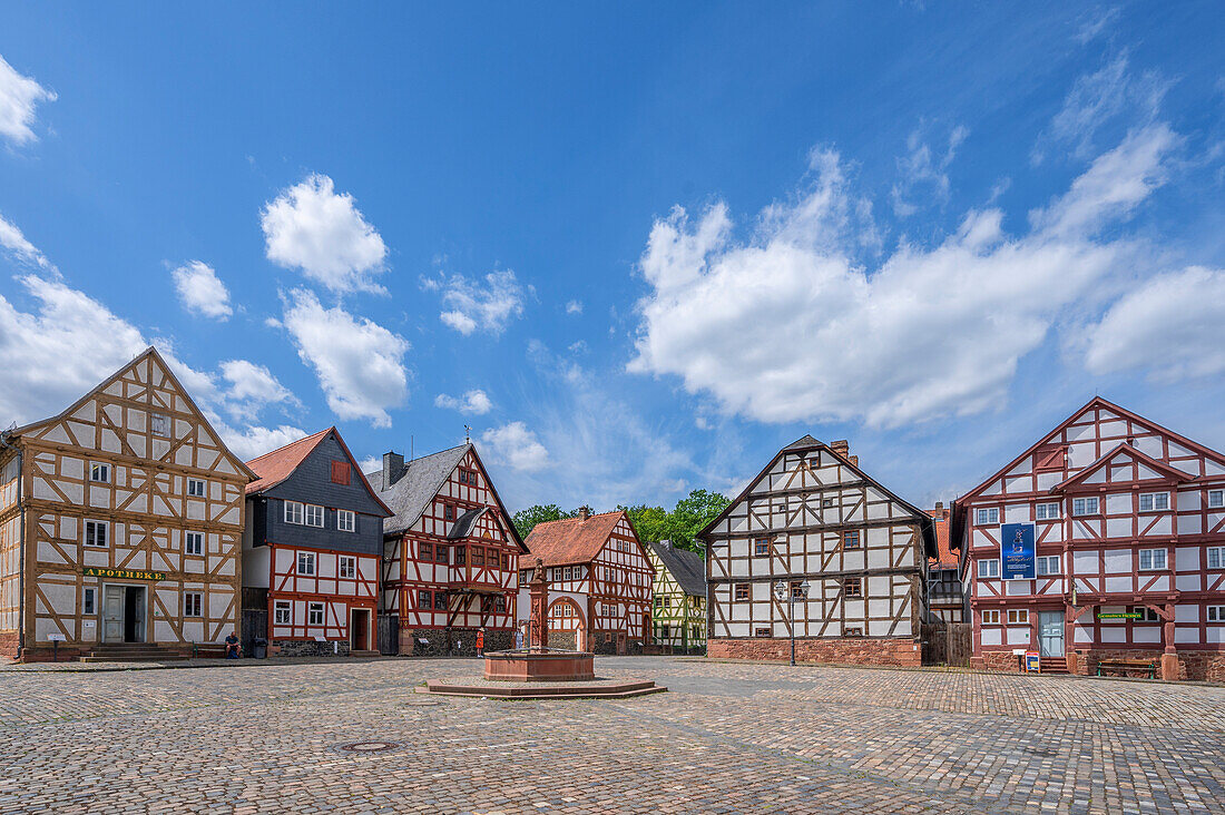 Historische Fachwerkhäuser mit Apotheke, Marktplatz im Freilichtmuseum Hessenpark bei Neu-Anspach im Taunus, Hessen, Deutschland