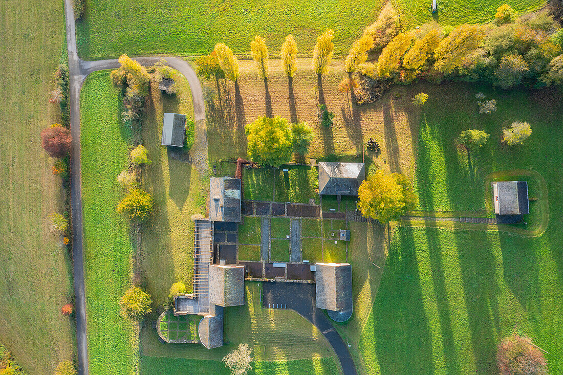Luftaufnamhe der römischen Villa Ortrang bei Fließem Nähe Bitburg, Eifel, Rheinland-Pfalz, Deutschland