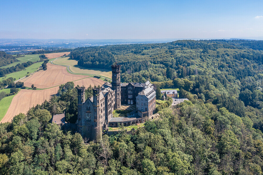  Aerial view of the Schaumburg in Balduinstein in the Lahntal, Lahn, Taunus, Westerwald, Rhineland-Palatinate, Germany 