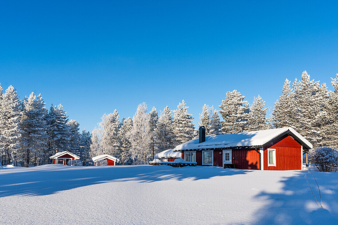 rotes Schwedenhaus in Winterlandschaft; Råneå, Norrbotten, Schweden