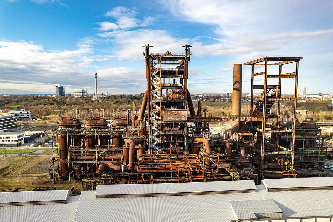 Industrial ruins of the Phoenix West blast furnace plant in Dortmund seen from the air, North Rhine-Westphalia, Germany, Europe   