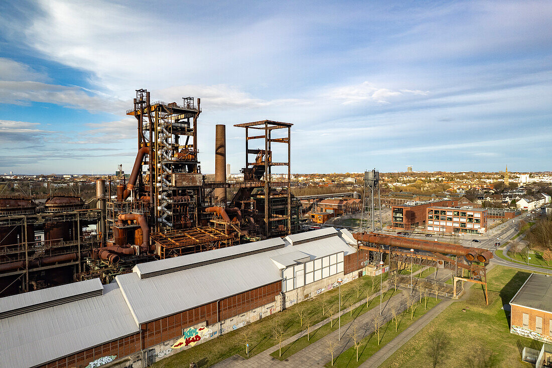  Industrial ruins of the Phoenix West blast furnace plant in Dortmund seen from the air, North Rhine-Westphalia, Germany, Europe   