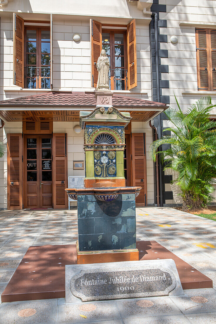  Queen Victoria Diamond Jubilee Fountain in front of the main entrance of the “National Museum” in Victoria - the capital of the Seychelles, Victoria, Mahe, Seychelles, Africa 