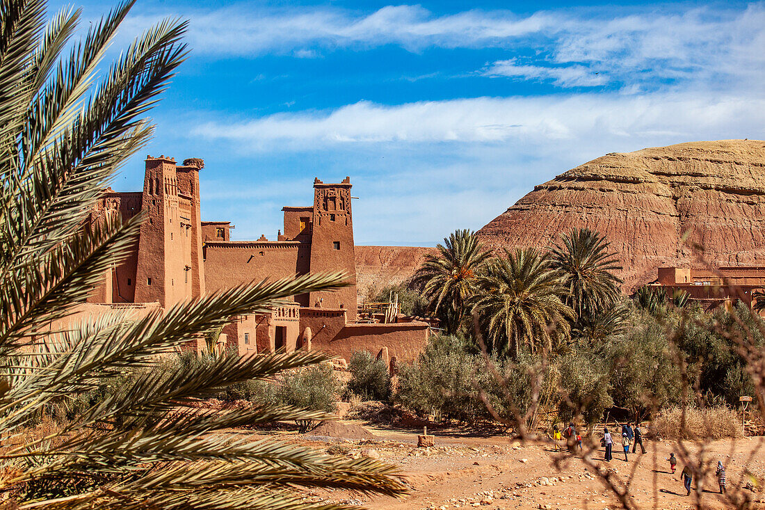 Lehmhäuser und Palmen in Aït-Ben-Haddou, im Atlasgebirge, Provinz Ouarzazate, Marokko, Nordafrika