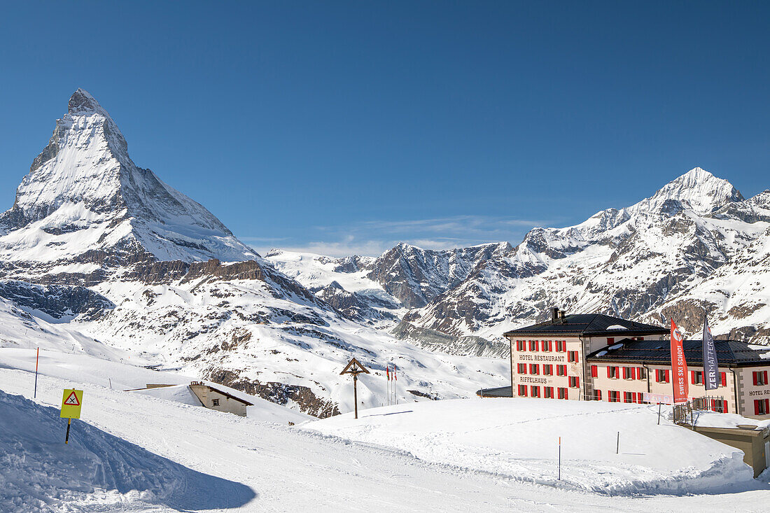  Alpine panorama, ski area at Riffelberg station, Matterhorn, Zermatt, Alps, Valais, Switzerland, Helvetia 