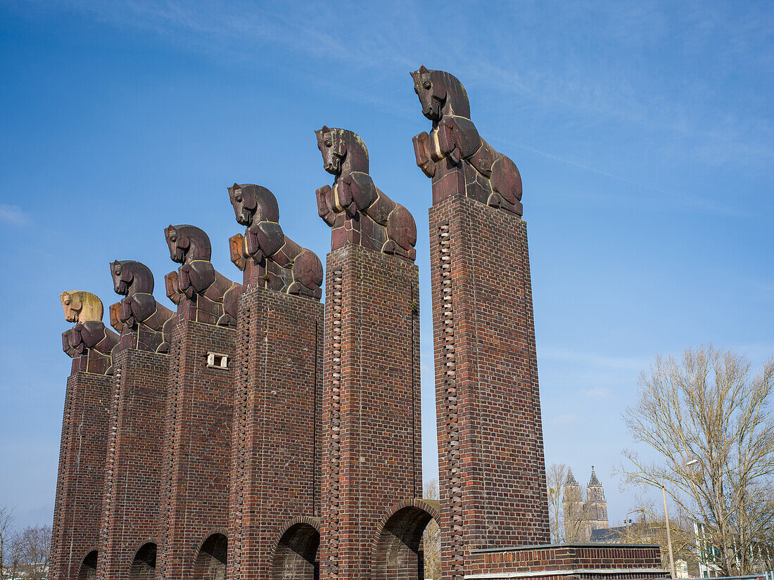  Horse gate next to the town hall in the Rotehorn city park, Magdeburg, Saxony-Anhalt, Central Germany, Germany, Europe 