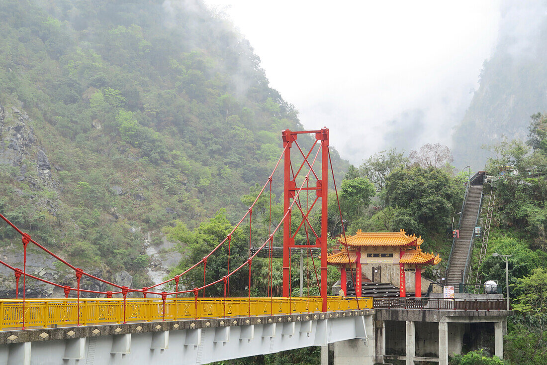  Cihmu Bridge and Pavilion on a foggy day in Taroko Gorge, Hualin, Taiwan 