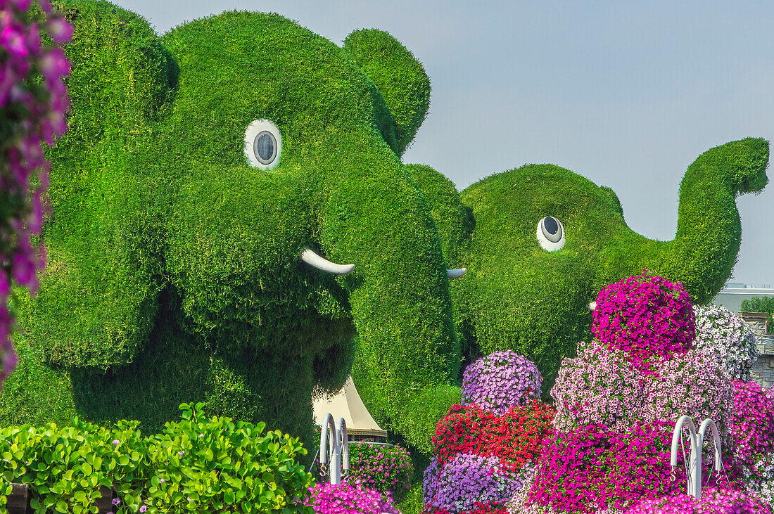 Elefantenskulpturen aus Gras, Der Blumenpark 'Miracle Garden', Dubai, Vereinigte Arabische Emirate, Arabische Halbinsel, Naher Osten