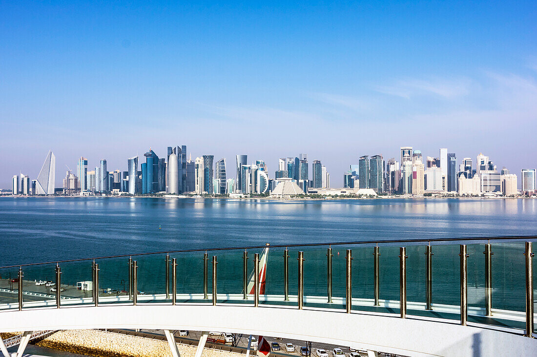  Harbor views, the Corniche with skyscrapers and ships in Doha, capital of Qatar in the Persian Gulf. 