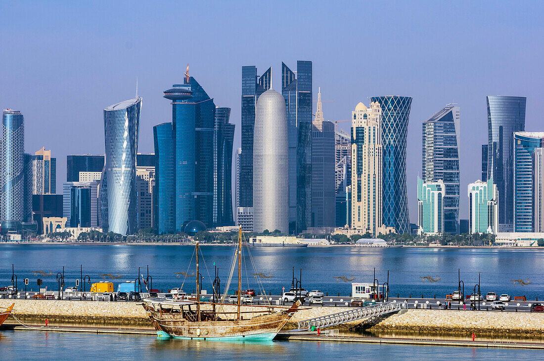  Harbor views, the Corniche with skyscrapers and ships in Doha, capital of Qatar in the Persian Gulf. 