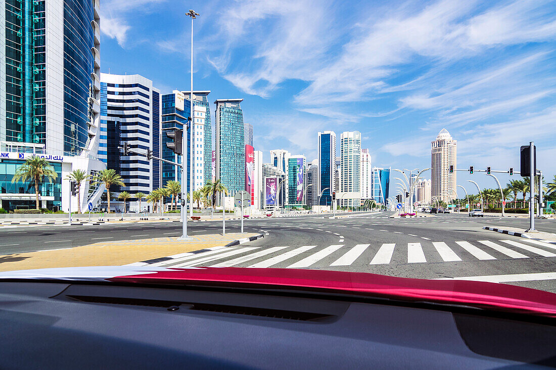  Harbor views with skyscrapers and ships in Doha, capital of Qatar in the Persian Gulf. 