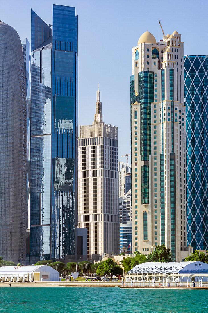  Harbor views with skyscrapers and ships in Doha, capital of Qatar in the Persian Gulf. 