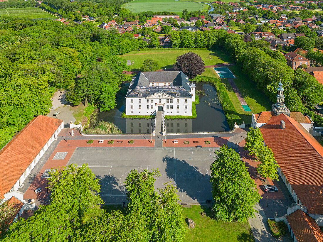  Aerial view of the Norderburg moated castle in Dornum, East Frisia, Lower Saxony, Germany 