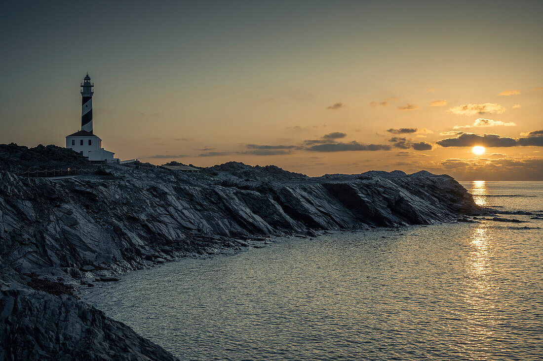  Lighthouse at Cap de Favàritx at sunrise, Menorca, Balearic Islands, Spain, Europe 