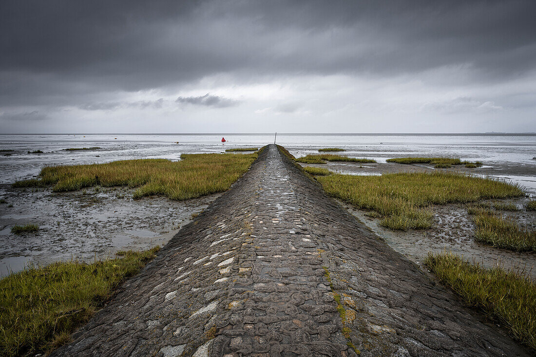  Groyne in the Wadden Sea under rain clouds, Sahlenburg, Cuxhaven, Lower Saxony, Germany, Europe 