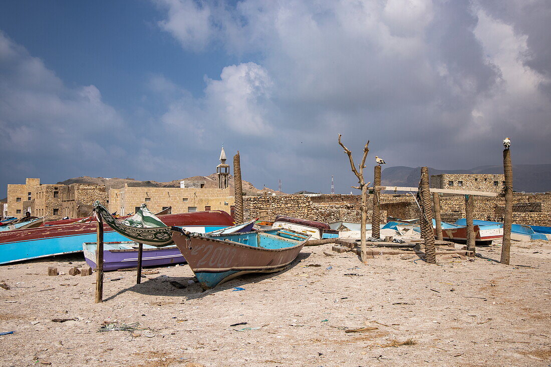  Fishing boats, sponsored by the Saudi Development and Reconstruction Program for Yemen, on the beach, Qalansiyah, Socotra Island, Yemen, Middle East 