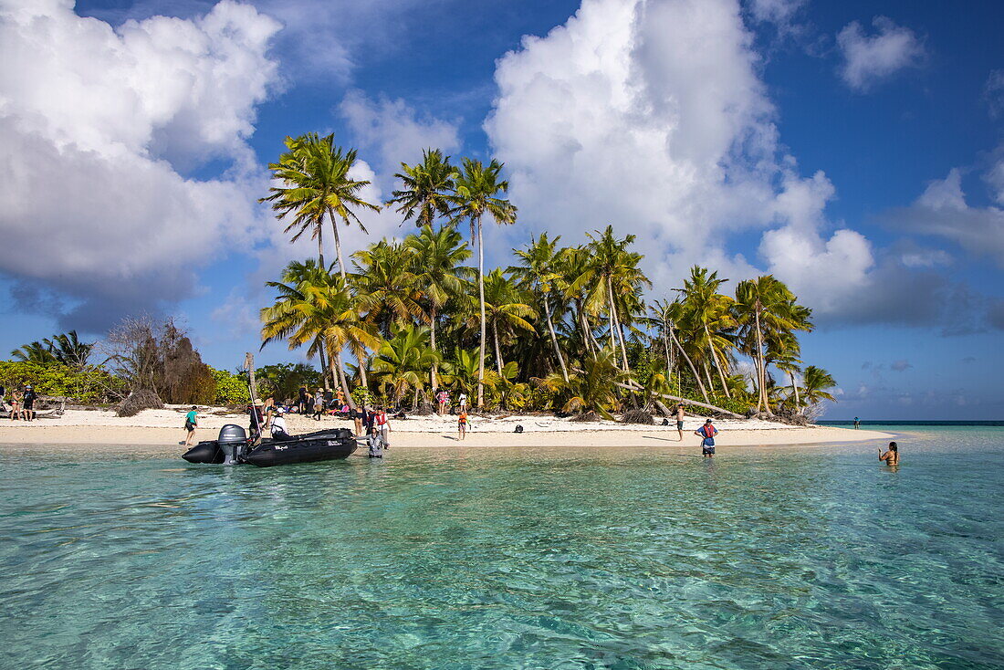 Zodiac Schlauchboot vom Expeditionskreuzfahrtschiff SH Diana (Swan Hellenic) und Menschen am Palmenstrand, Bijoutier Island, Saint-François-Atoll, Alphonse Group, Äußere Seychellen, Seychellen, Indischer Ozean, Ostafrika