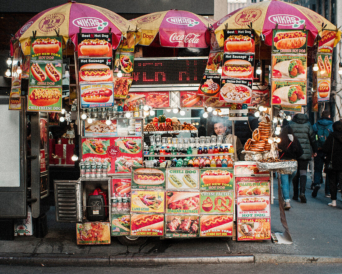 Man selling hot dogs of all kinds on the streets of New York City, USA.