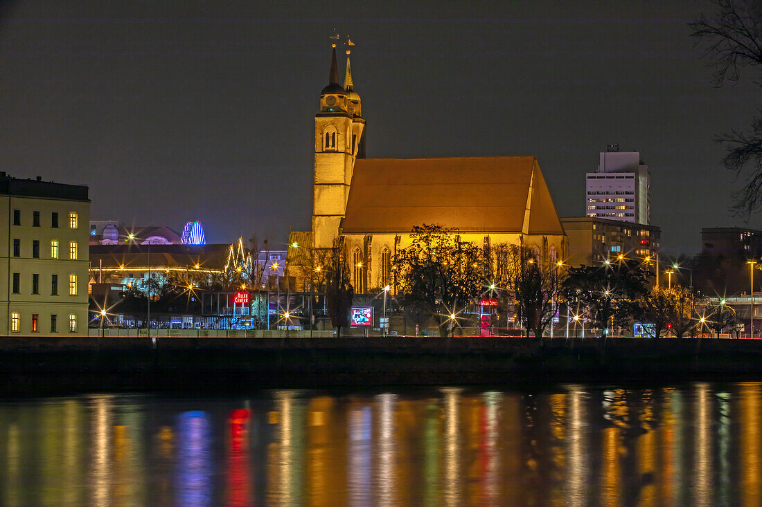  View over the Elbe to St. John&#39;s Church, Magdeburg, Saxony-Anhalt 