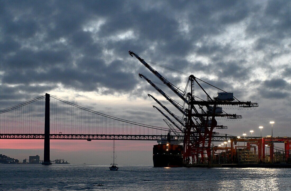  Port and 25 de Abril Bridge, Lisbon, Portugal 