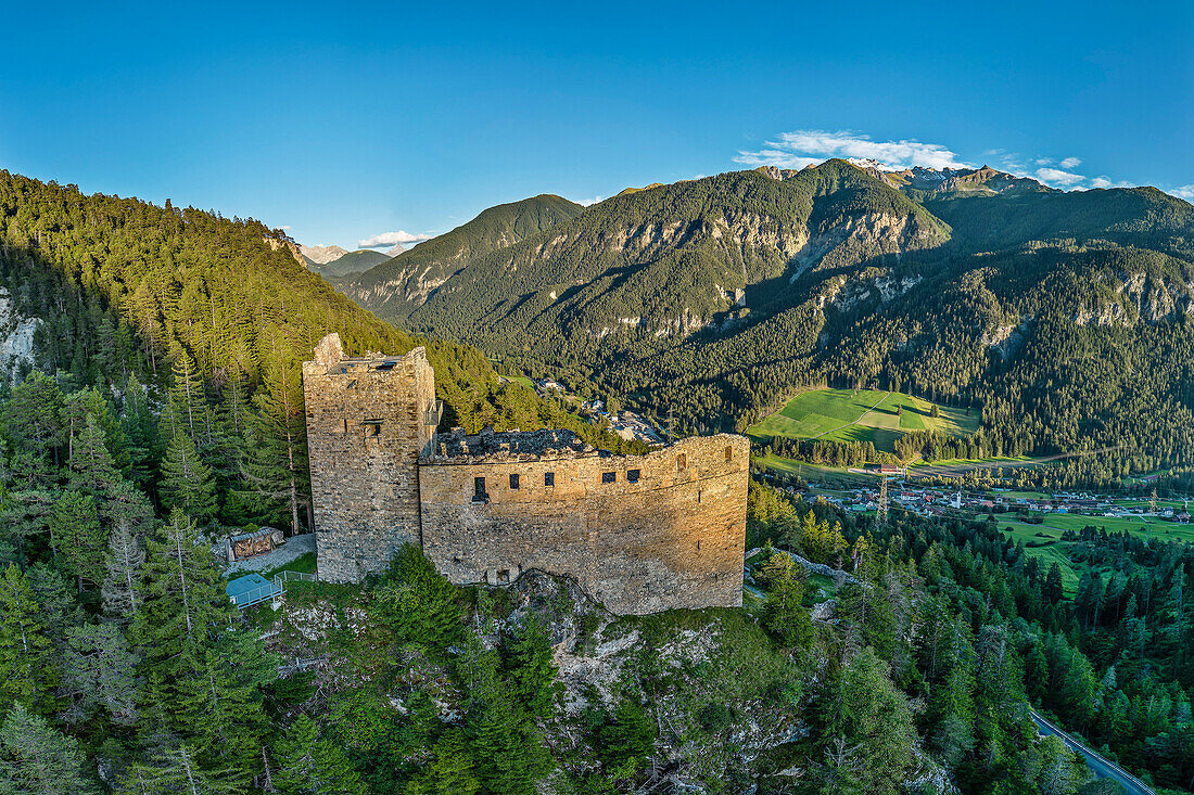  Aerial view of Belfort castle ruins, Brienz, Albula, Graubünden, Switzerland 