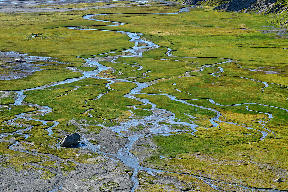  View of river meanders in the Lower Segnesboden, Plaun Segnas Sut, Tectonic Arena Sardona, Glarus Main Thrust, UNESCO World Natural Heritage Glarus Alps, Glarus Alps, Graubünden, Switzerland  