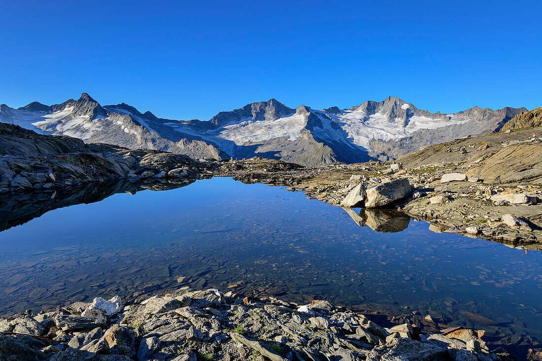  Fifth Hornspitze, Turnerkamp and Großer Möseler are reflected in mountain lake, from Berliner Höhenweg, Zillertal Alps, Zillertal Alps Nature Park, Tyrol, Austria 