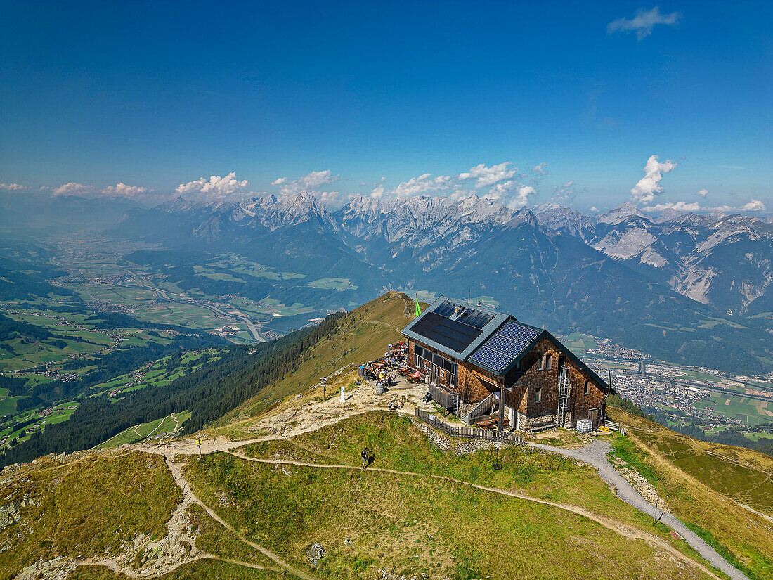  Kellerjochhaus with Inntal and Karwendel in the background, Kellerjoch, Tux Alps, Tyrol, Austria 
