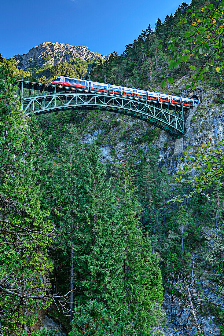  Train runs over Schlossbachklamm Viaduct, Karwendelbahn, Mittenwaldbahn, Tyrol, Austria 