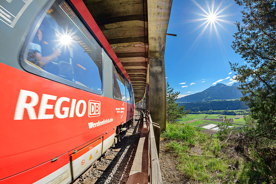  Train runs through the Martinswand Gallery, Karwendelbahn, Mittenwaldbahn, Tyrol, Austria 