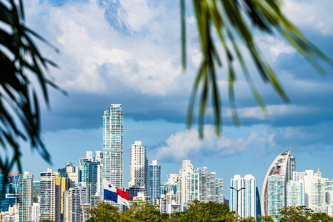  Skyline with national flag, Panama City, Panama, America 