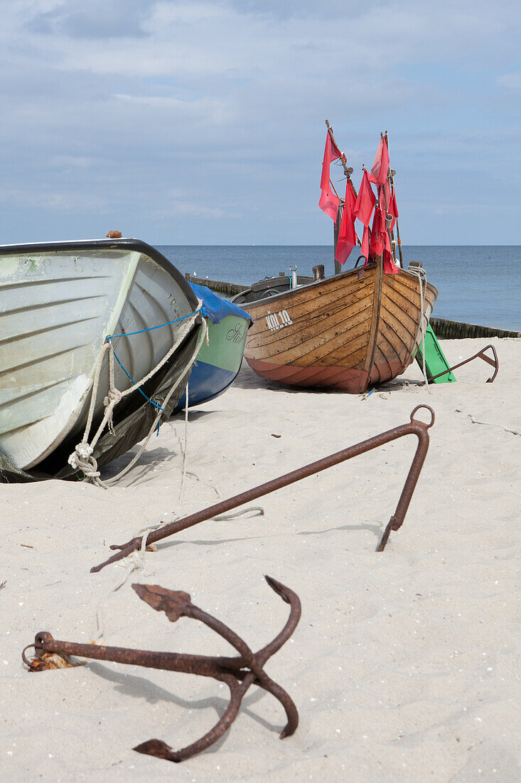  Fishing boats on the beach at Kölpinsee (Usedom), Baltic Sea, Mecklenburg-Western Pomerania, Germany 