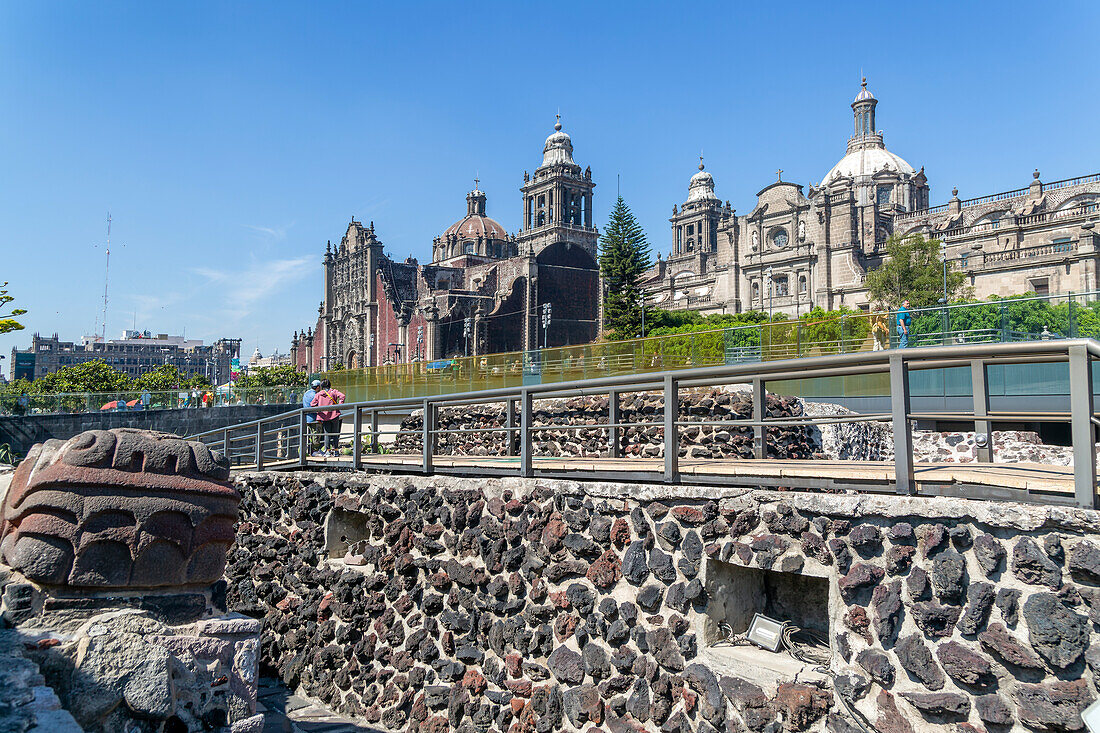 Templo Mayor archaeological Aztec city of Tenochtitlan, view to the cathedral church, Mexico City, Mexico