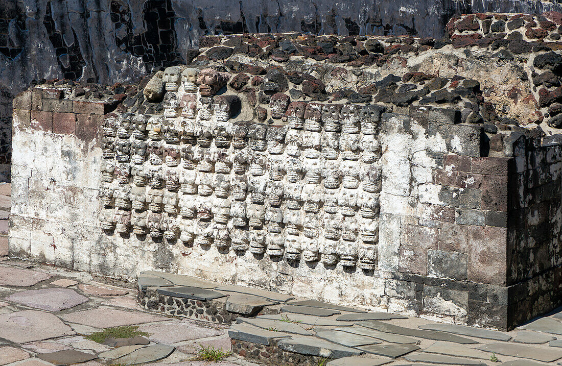 Wall of stone skulls called Tzompantli, archaeological site and museum of Templo Mayor, Mexico City, Mexico