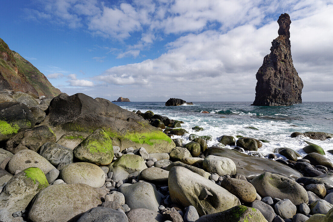 Stone beach and rocks of Ribeira da Janela, Madeira, Portugal