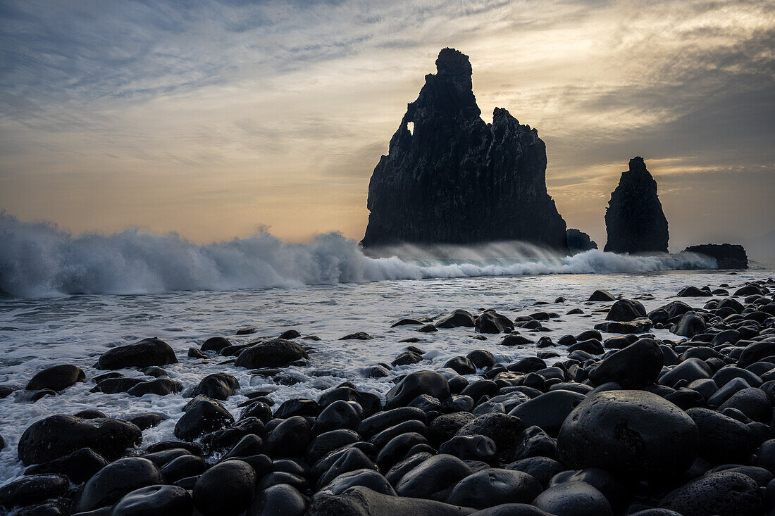 Ribeira da Janela, coast, beach and rocks with surf, Madeira, Portugal