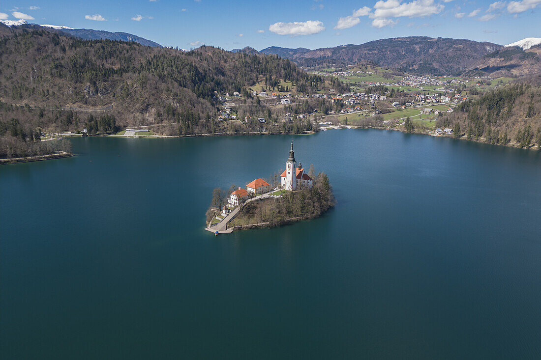  Aerial view of island in Lake Bled, Bled, Slovenia, Europe. 