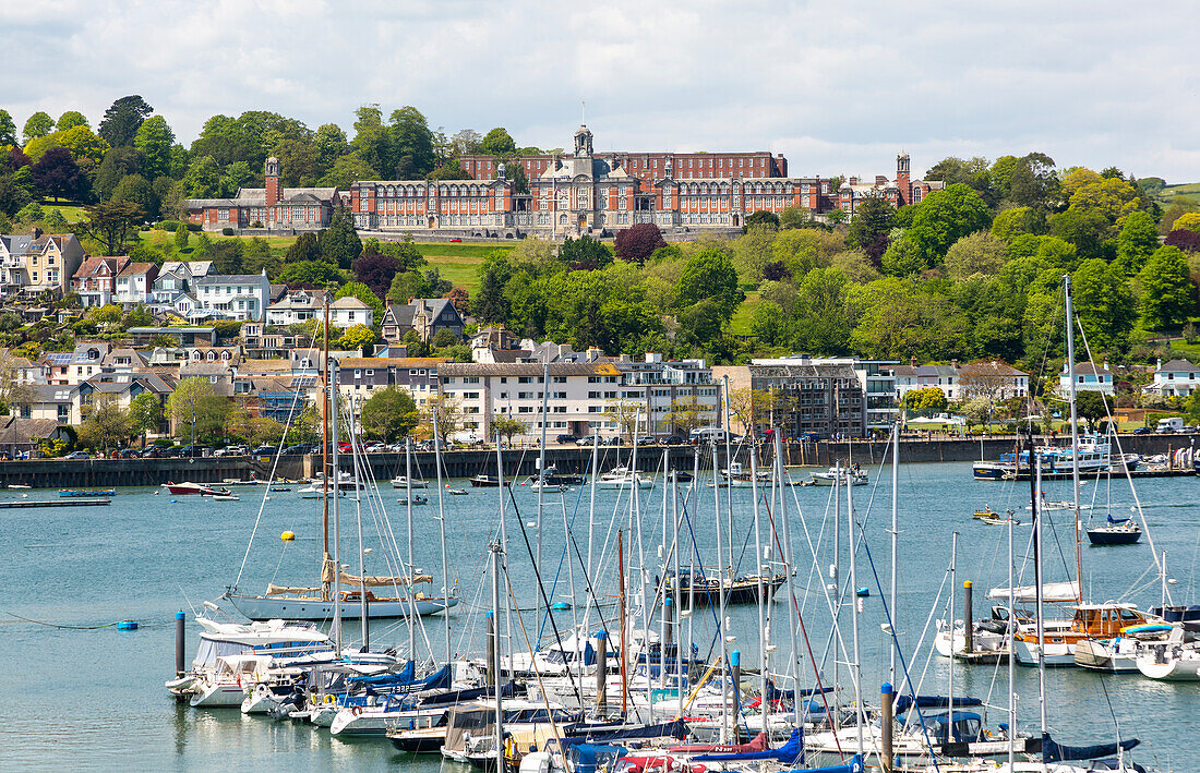 View across River Dart estuary to Dartmouth Naval College buildings, Dartmouth, Devon, England, UK