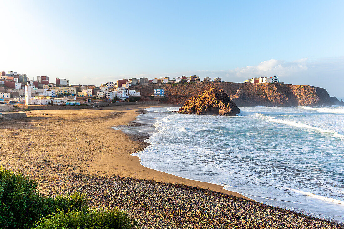 Beach and coastline in bay, Plage Sidi Mohammed Ben Abdellah, Mirleft, Morocco, north Africa