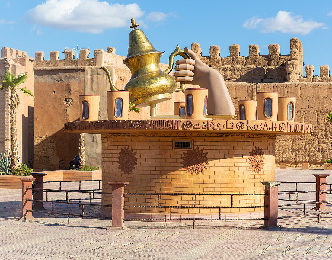 Large tea pot sculpture monument, Taroudant, Sous Valley, Morocco, north Africa