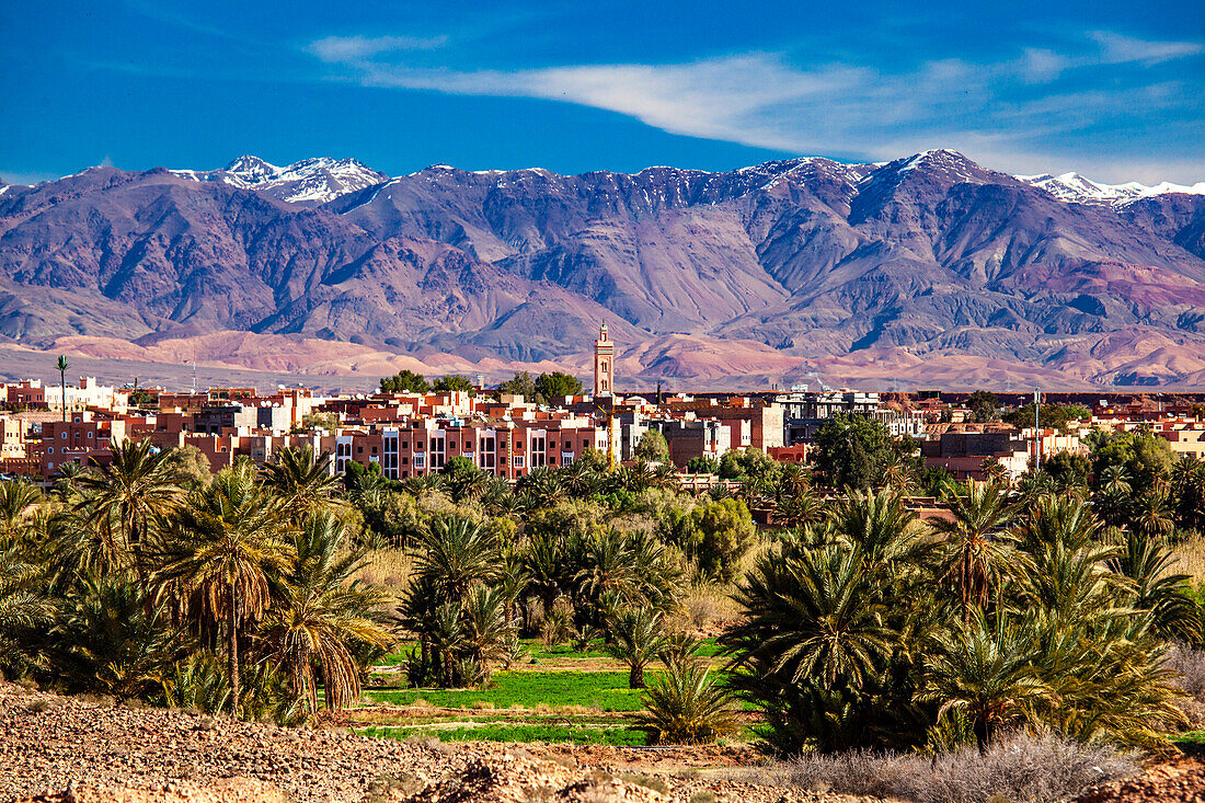 Nordafrika, Marokko, Provinz Ouarzazate, Dorf mit Moschee vor dem Atlas Gebirge