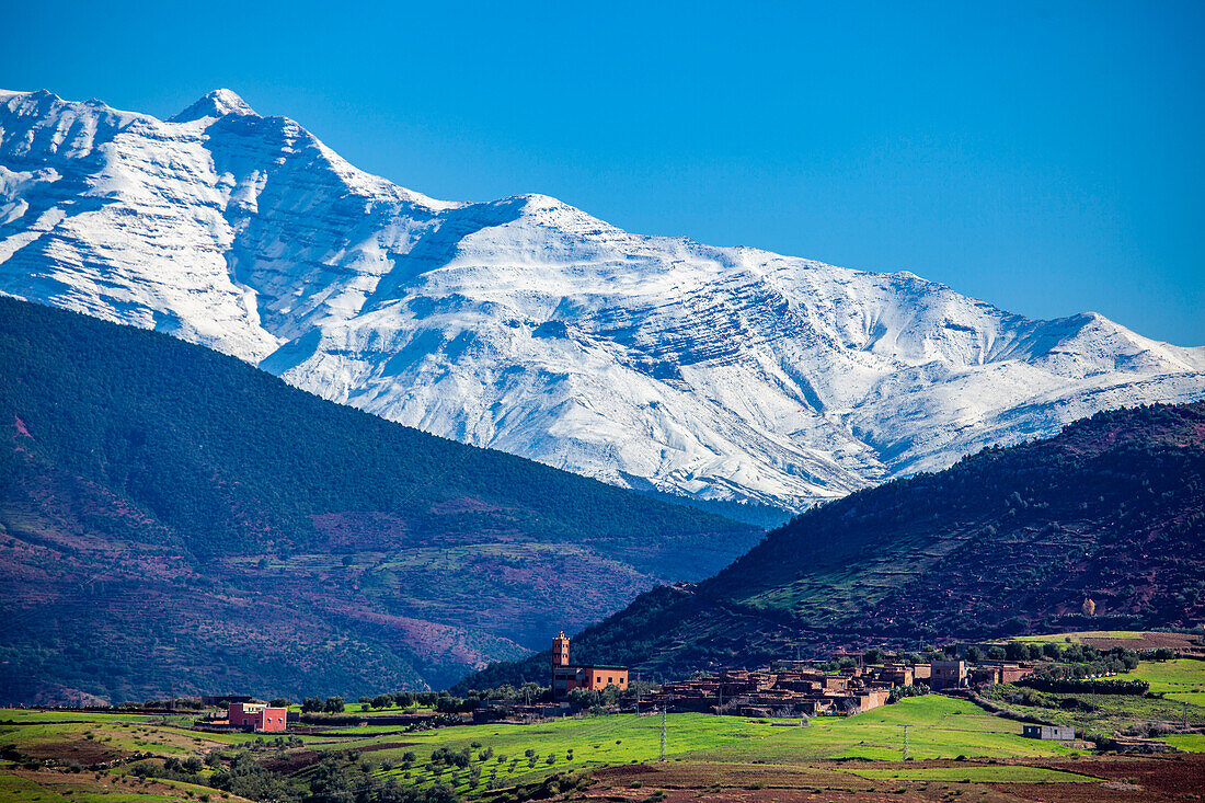  North Africa, Morocco, Atlas Mountains, village and mosque 