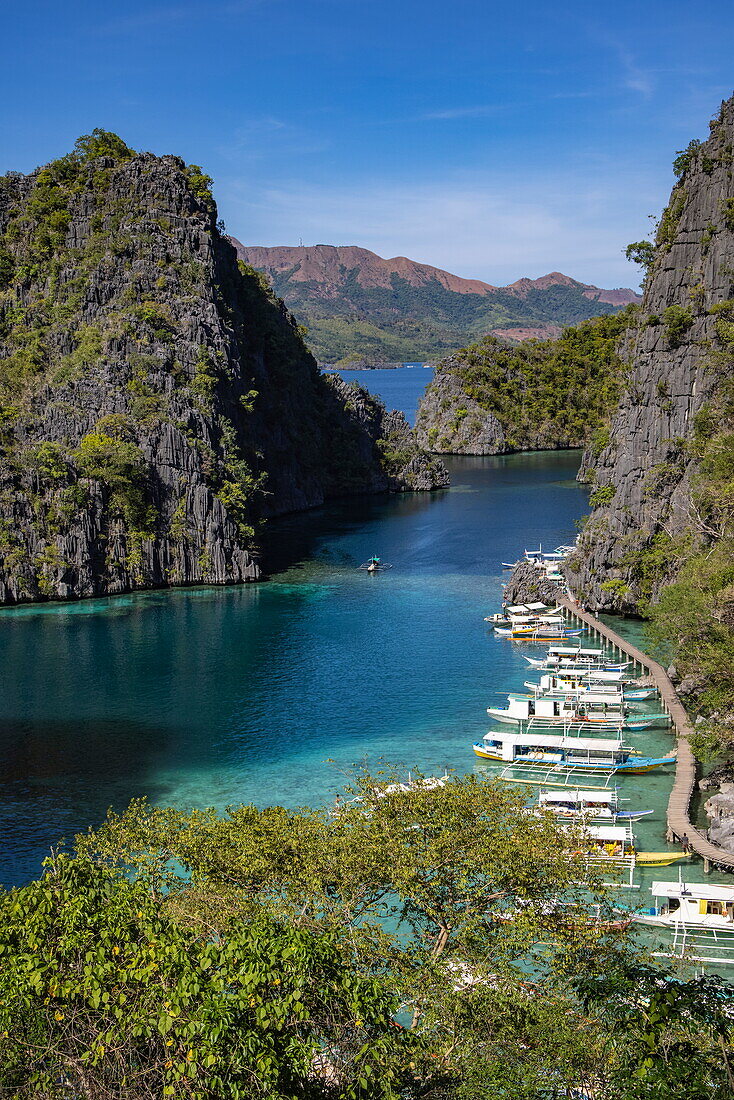  View of Bangka outrigger canoe tour boats moored in the lagoon, seen from the observation deck en route to Kayangan Lake, Coron, Palawan, Philippines 