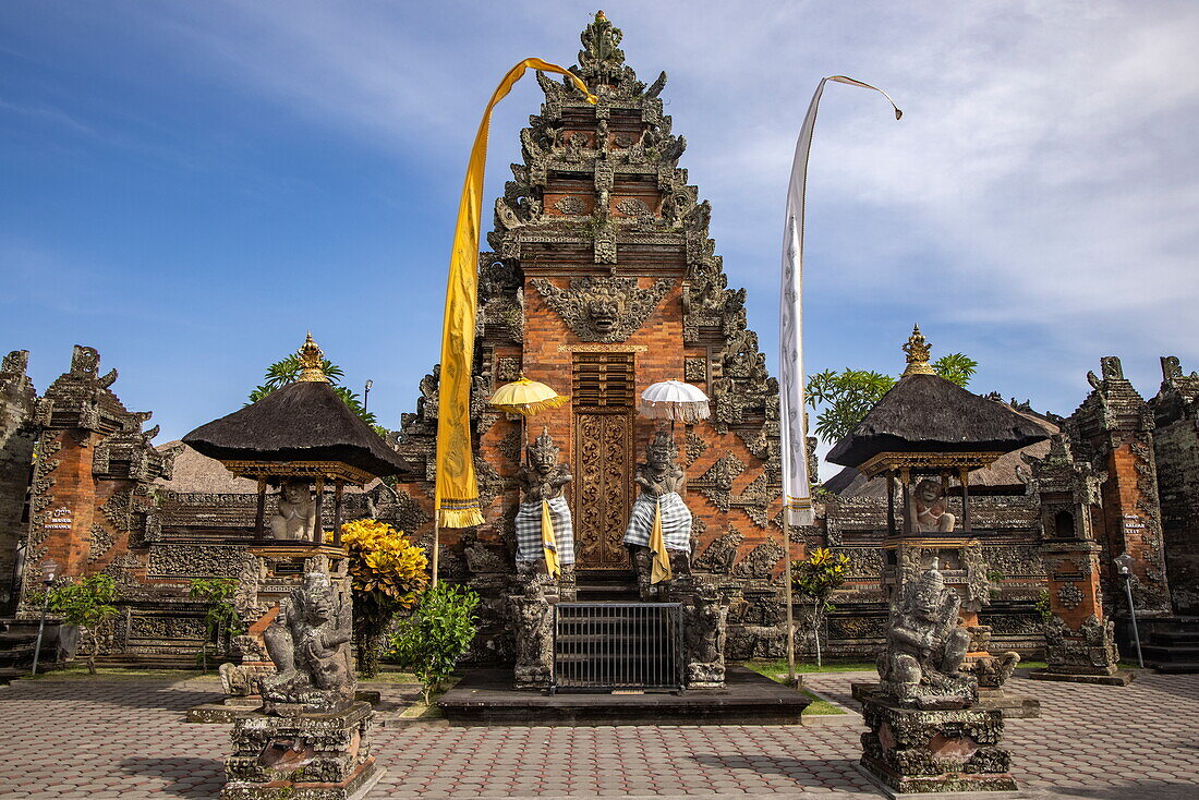  Stone carvings and sculptures at Pura Puseh Desa Batuan Hindu Temple, Denpasar, Bali, Indonesia 