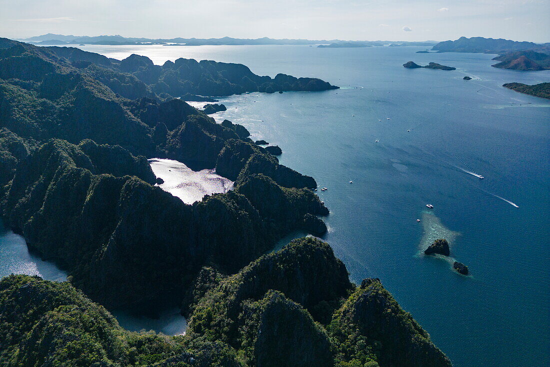  Aerial view of Kayangan Lake, mountains and bay, Coron, Palawan, Philippines 