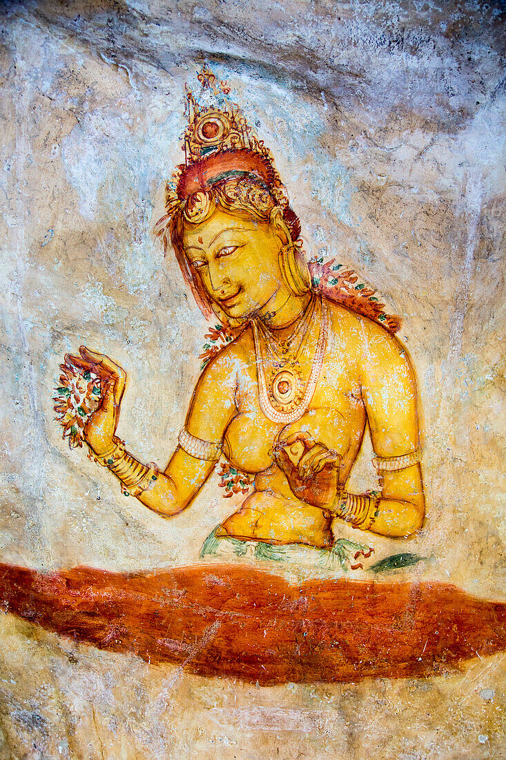 Rock painting frescoes of maidens in the palace fortress, Sigiriya, Central Province, Sri Lanka, Asia