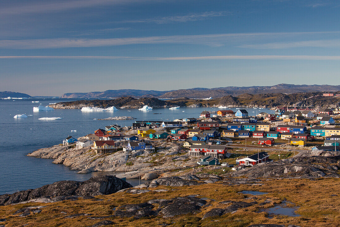 Bunte Wohnhäuser, Ilulissat, Jakobshavn, Kangia-Eisfjord, Disko-Bucht, West-Groenland, Grönland